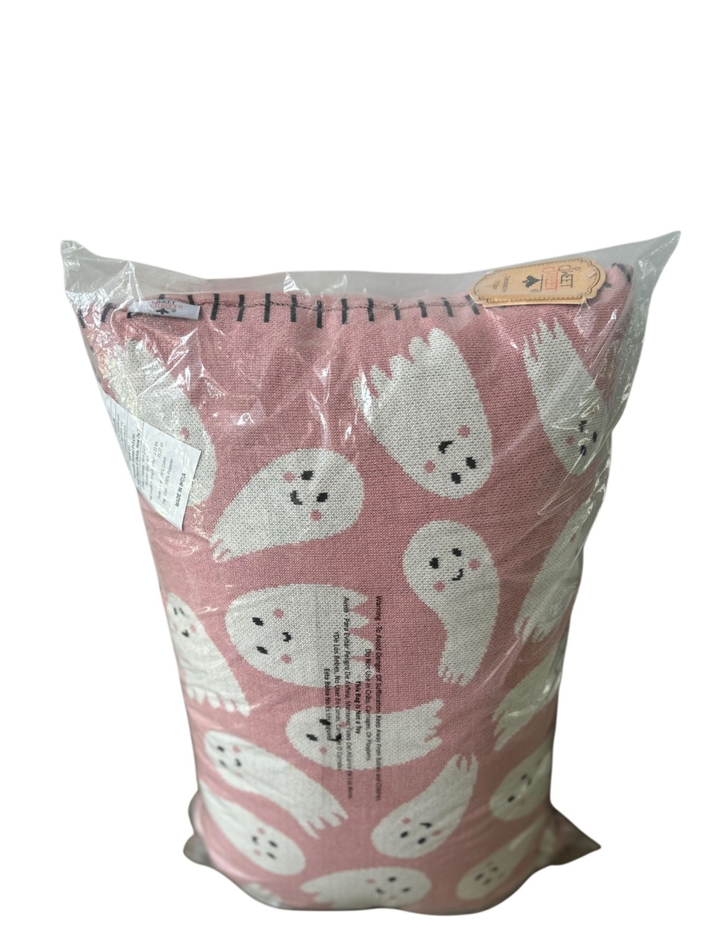 NWT Sweet Street Pink Halloween Knit Ghost Pillow 16x24 Whipstitch Edge - Picture 3 of 8